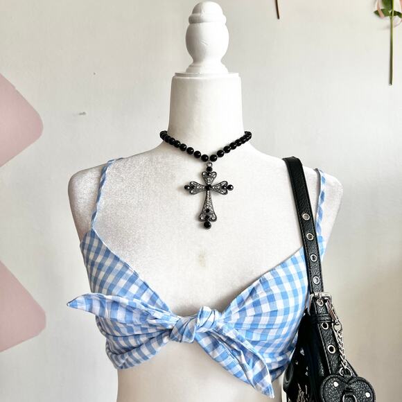 Blue Gingham‎ Bralette Top, Cottagecore, Coquette, Soft Girl, Preppy, Medium - Picture 1 of 3